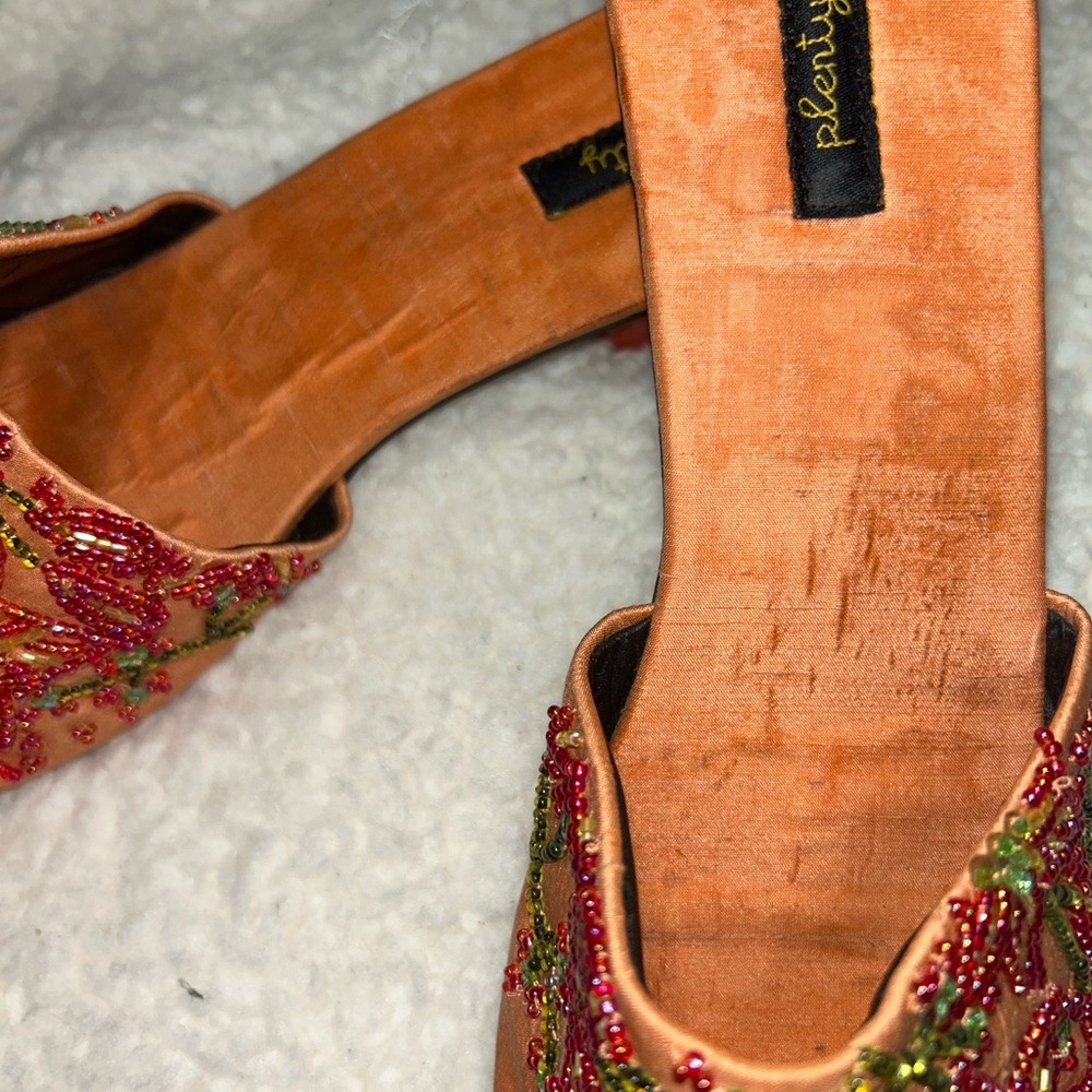 Beaded Silk Slide Sandals Size 10 Made in India Floral Boho Wooden Heel Resort - Picture 4 of 8